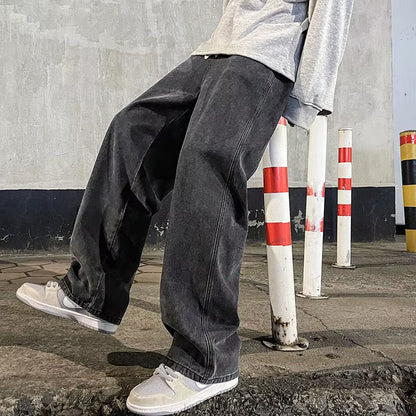 New Streetwear Loose Jeans Men Korean Style Fashion Loose Straight Wide Leg Pants Men'S Brand Clothing Black Light Blue